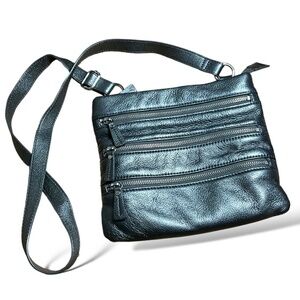 DANIER Grey Genuine Leather Crossbody Multi Zipper Pockets Key Lanyard